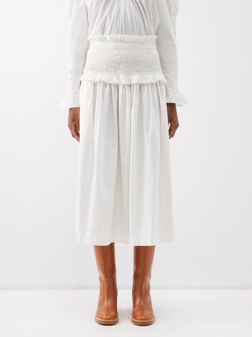 Sea - Casey Smocked-waist Cotton Midi Skirt - Womens - Ivory