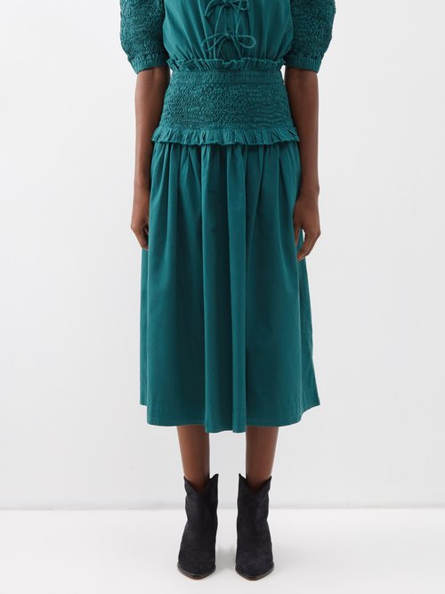 Sea - Casey Smocked-waist Cotton Midi Skirt - Womens - Dark Green