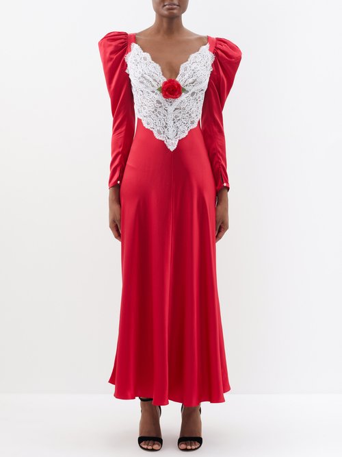 Rodarte - Rose-appliqué Lace-panelled Silk-satin Dress - Womens - Red White