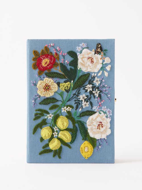 Olympia Le-tan Lemons Embroidered Book Clutch Bag In Blue Multi