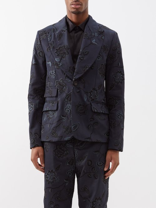 Erdem - Edward Floral-embroidered Cotton-drill Suit Jacket - Mens - Navy