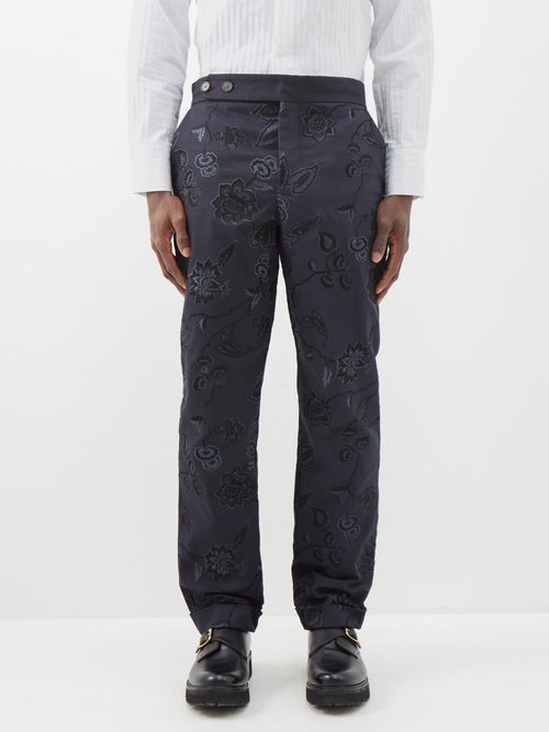 Erdem - Samuel Floral-embroidered Cotton-twill Trousers - Mens - Navy