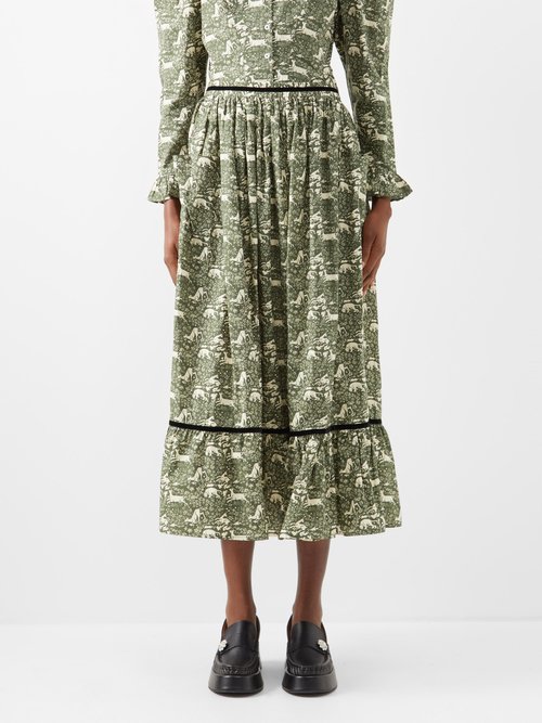 Batsheva X Laura Ashley Kipp Printed Cotton Midi Skirt In Green Multi