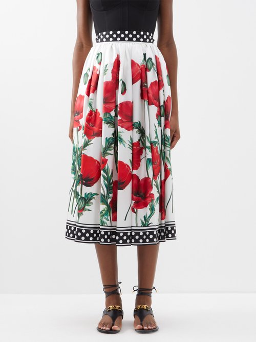 Dolce & Gabbana - Happy Garden Poppy-print Silk Midi Skirt - Womens - Red Print