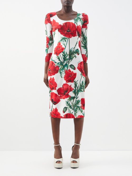 Dolce & Gabbana - Happy Garden Poppy-print Silk-blend Midi Dress - Womens - Red Print