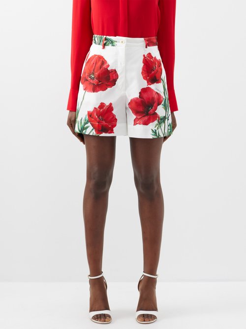 Dolce & Gabbana - Happy Garden Poppy-print Cotton-poplin Shorts - Womens - Red Print
