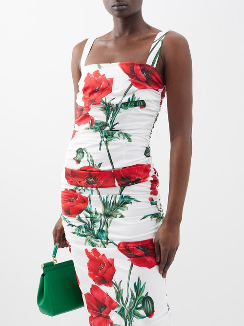 Dolce & Gabbana - Happy Garden Carnation-print Ruched Dress - Womens - Red Print