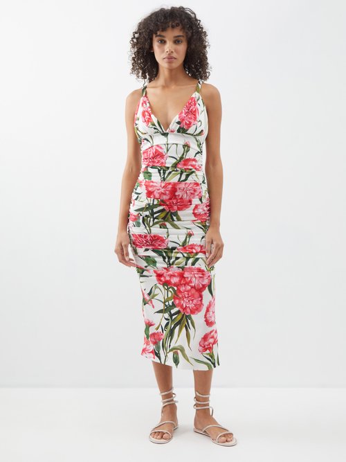 Dolce & Gabbana - Happy Garden Carnation-print Silk-blend Midi Dress - Womens - White Print