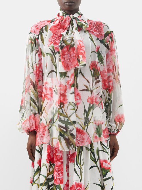 Dolce & Gabbana Carnation Print Silk Chiffon Shirt In Garofani New F ...