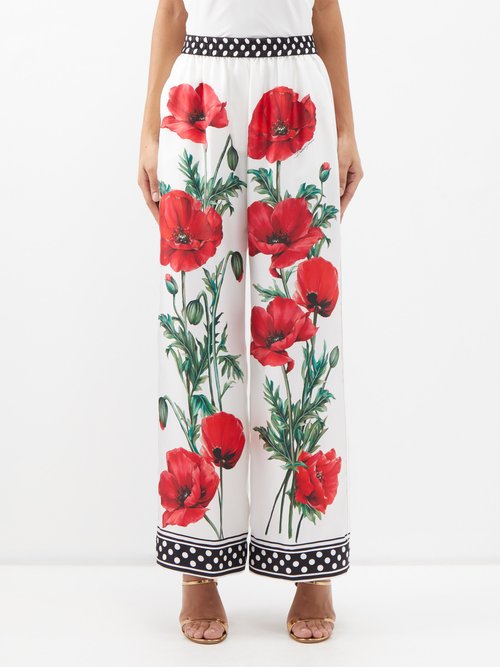 Dolce & Gabbana - Happy Garden Poppy-print Silk-twill Trousers - Womens - Red Print