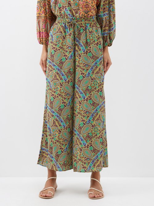 Boteh - Celil Paisley-print Silk-crepe Wide-leg Trousers - Womens - Green Multi