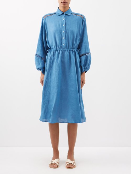 Boteh - Lattice-panelled Linen Shirt Dress - Womens - Blue