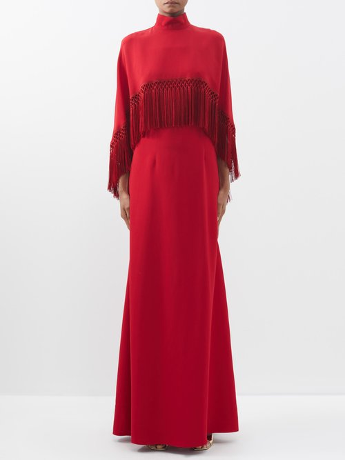 Andrew Gn - Caped Fringe-trim Cady-crepe Gown - Womens - Red