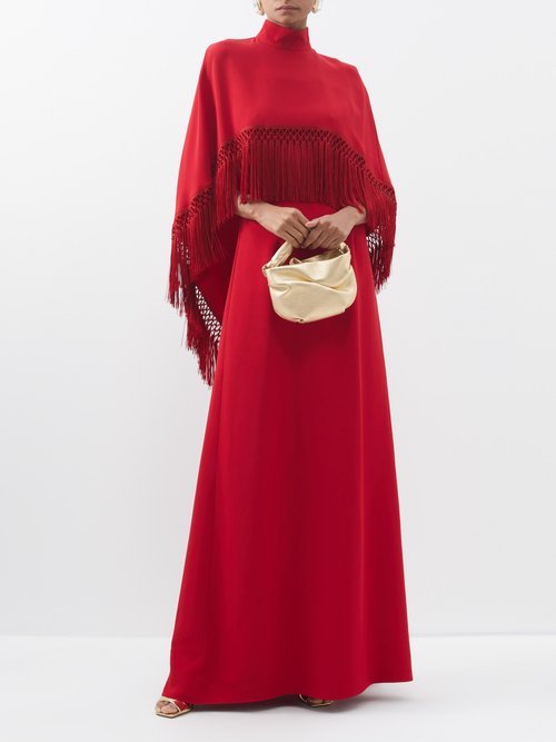 Andrew Gn Caped Fringe-trim Cady-crepe Gown In Red