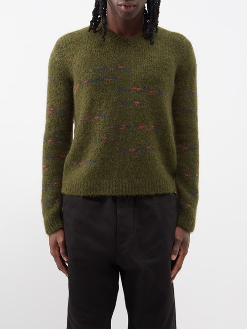 Raf Simons - V-neck Melange Sweater - Mens - Dark Green