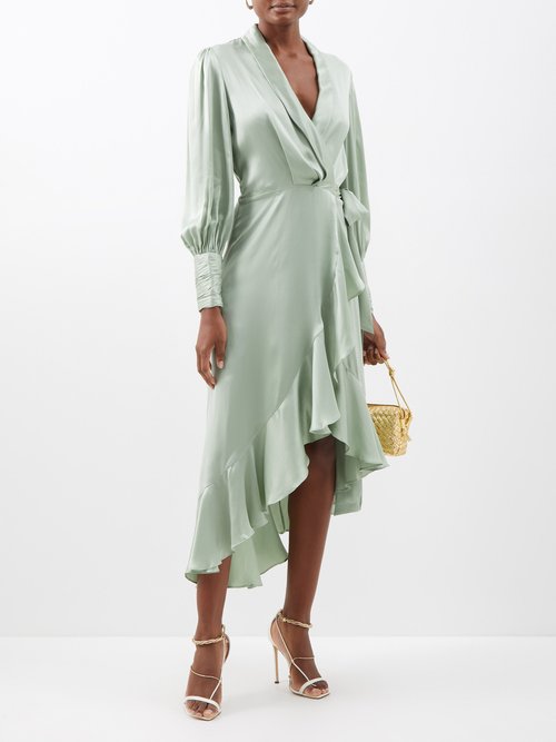 Zimmermann Asymmetric Ruffled Silk-satin Midi Wrap Dress In Green ...