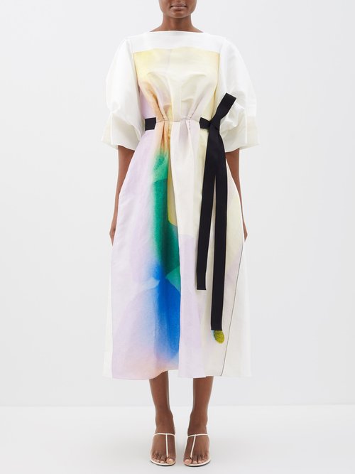 Roksanda - Dupion Abstract-print Tie-waist Silk Dress - Womens - Yellow Multi