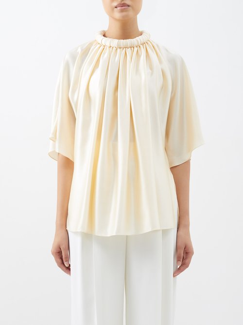 Roksanda - Gathered-neck Draped Silk-satin Blouse - Womens - Pale Yellow