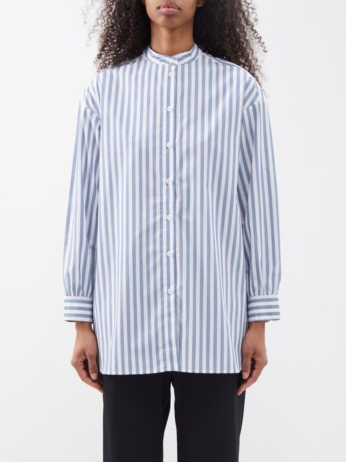 Eres - Zeste Stand-collar Cotton-poplin Shirt - Womens - Blue Stripe