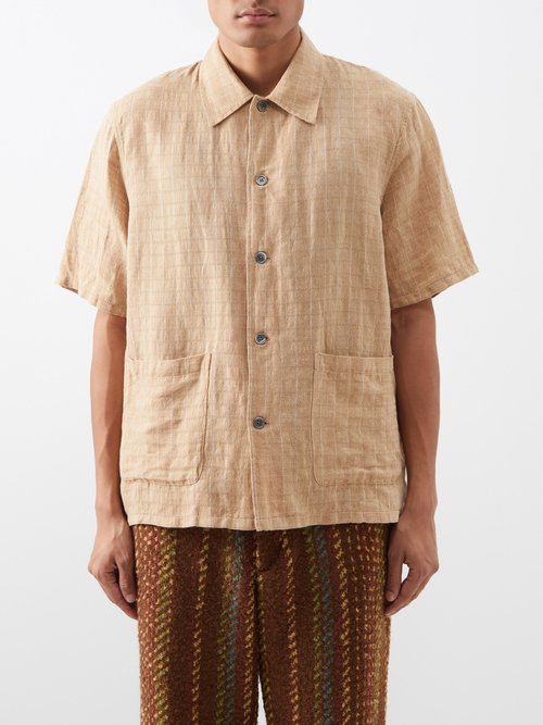 Our Legacy Elder Checked Short-sleeve Shirt In Oat Texan Pinstripe