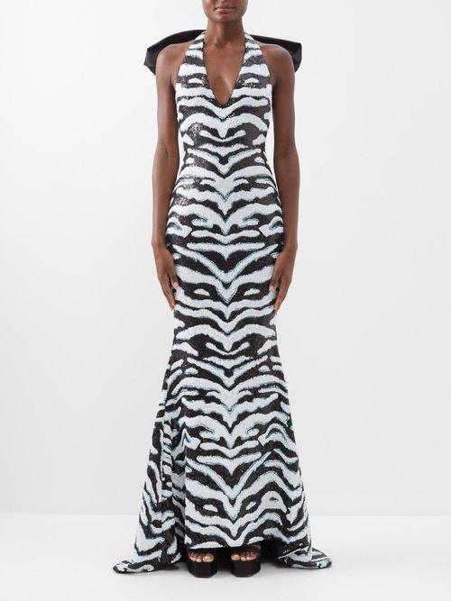 Halpern - Bow-tied Zebra-stripe Sequinned Gown - Womens - Black White