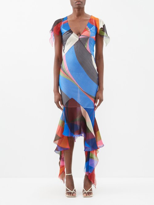 Pucci - Asymmetric Printed Silk-crepon Midi Dress - Womens - Multi