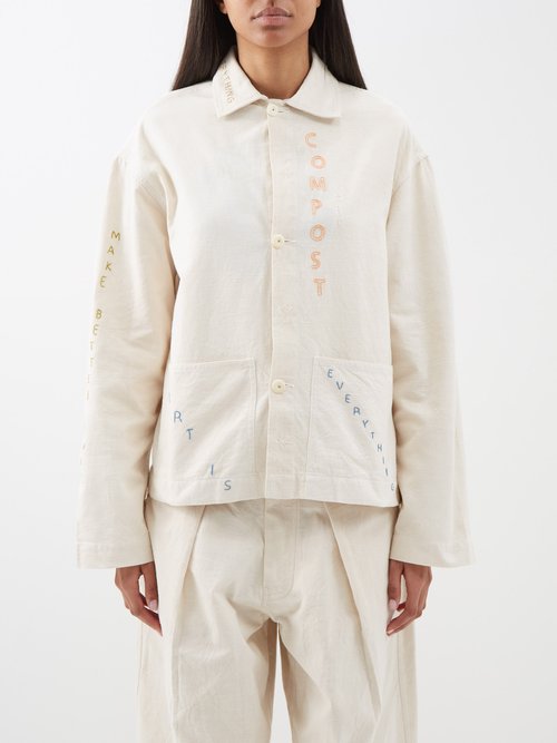 Story Mfg. Short On Time Embroidered Organic-cotton Jacket In Off
