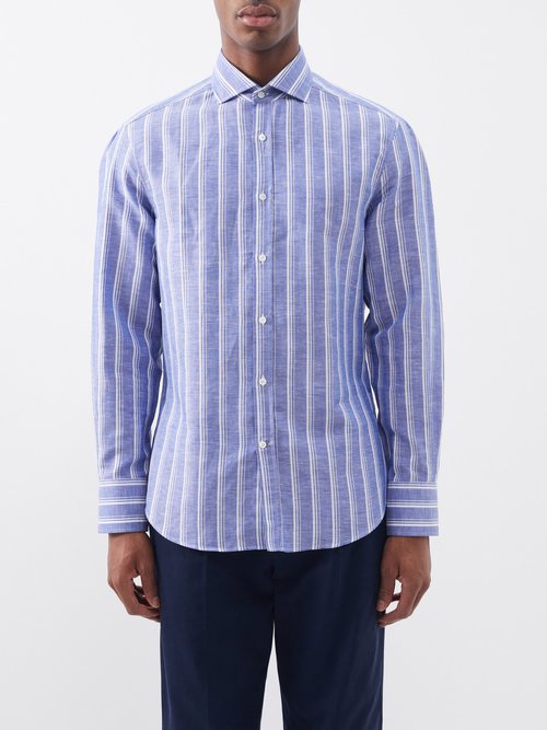 Brunello Cucinelli - Striped Linen Shirt - Mens - Blue Multi