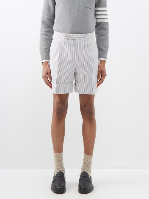 Thom Browne - Striped Turn-up Cotton-seersucker Shorts - Mens - Mid Grey