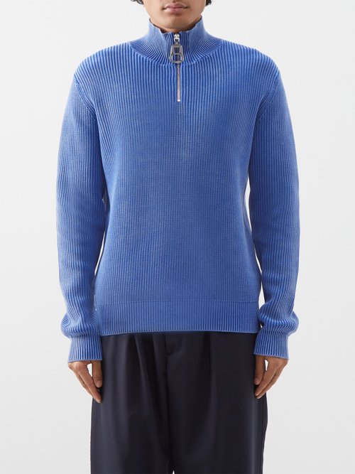 JW Anderson - Can Pull-ring Quarter-zip Cotton Sweater - Mens - Cobalt Blue