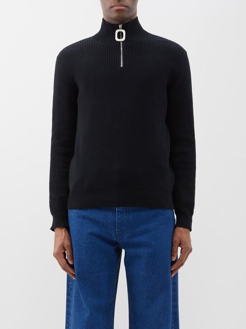 JW Anderson - Quarter-zip Ribbed-cotton Sweater - Mens - Black