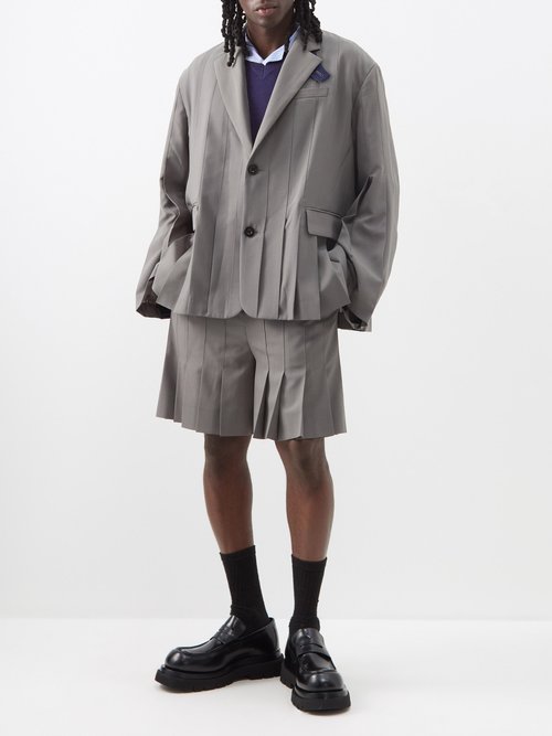 Sacai Pleated Woven Single-breasted Blazer In Taupe