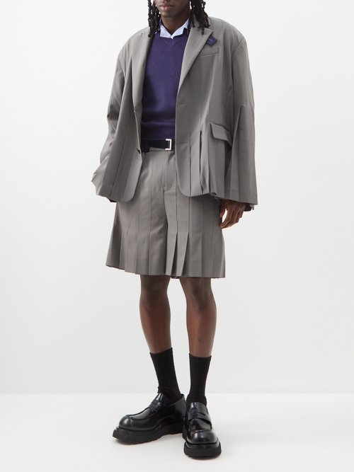 Sacai - Velvet-trimmed Woven Pleated Shorts - Mens - Taupe