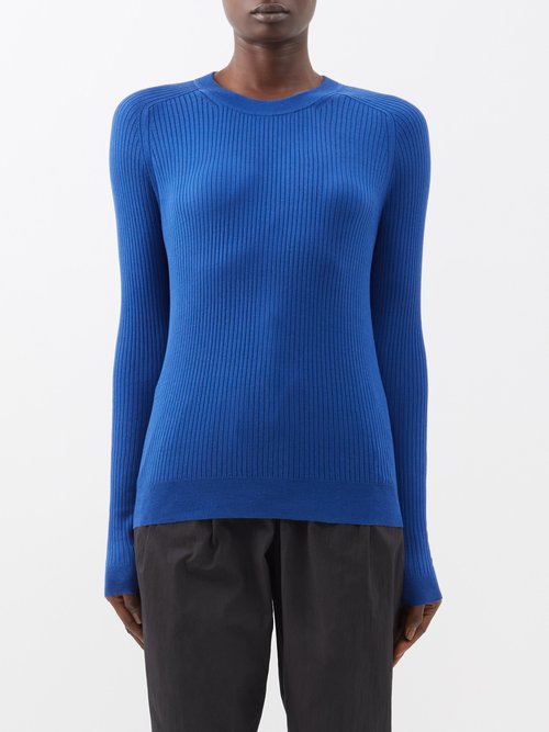Co - Round-neck Ribbed-silk Sweater - Womens - Blue