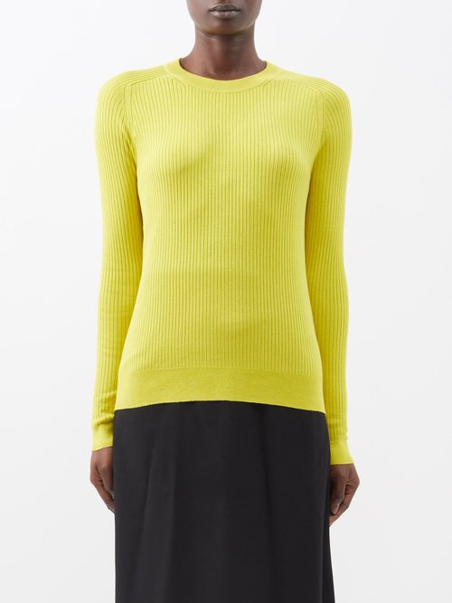 Co Long-sleeve Ribbed Silk Sweater In Citron