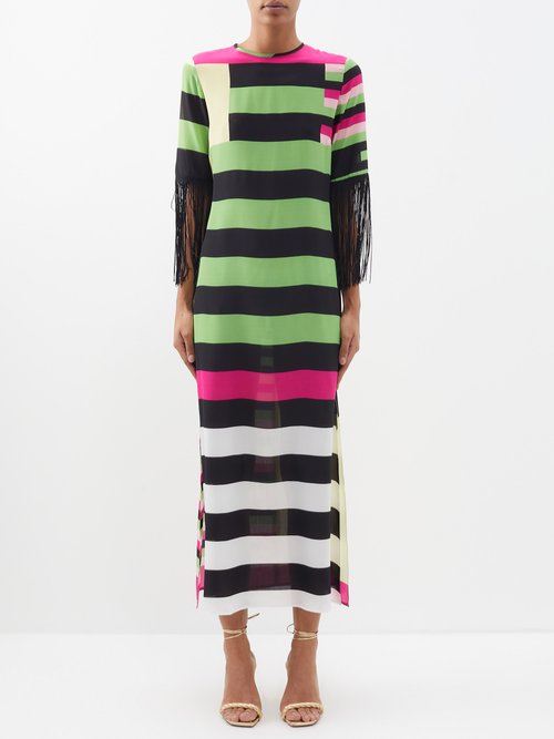 Louisa Parris The Fringe Colour-blocked Silk Maxi Dress In Pink Multi