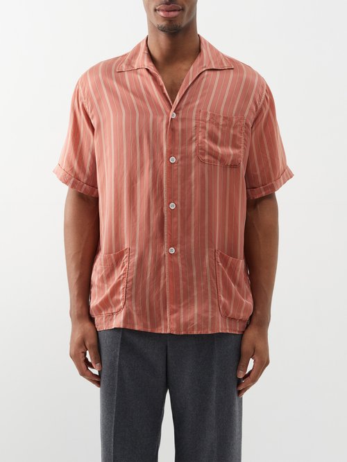 Maison Margiela - Patch-pocket Striped Satin Shirt - Mens - Pink