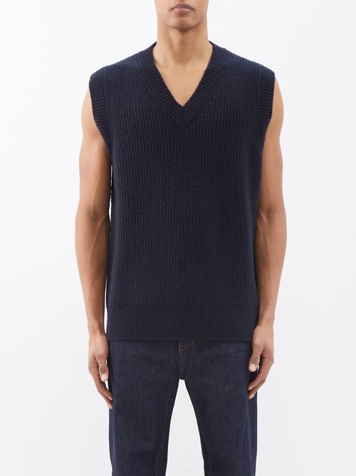 Maison Margiela - V-neck Wool-blend Sweater Vest - Mens - Dark Blue