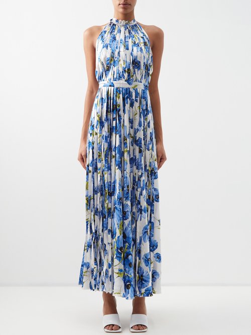 Raquel Diniz Giorgia Floral-print Pleated Halterneck Silk Dress In Blue ...