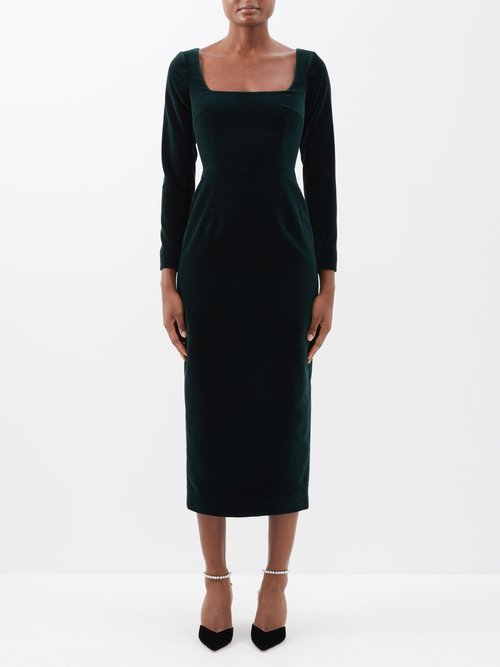 Emilia Wickstead - Nyla Square-neck Cotton-velvet Midi Dress - Womens - Dark Green