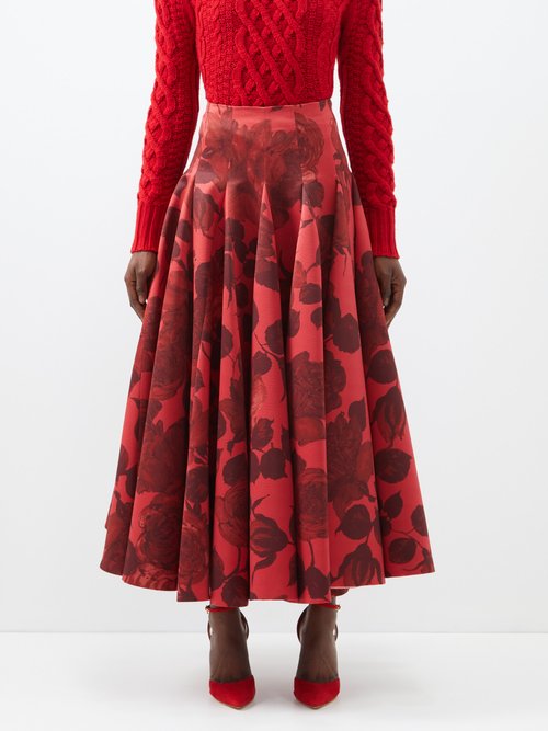 Emilia Wickstead - Vonda Rose-print Taffeta Skirt - Womens - Red Pink