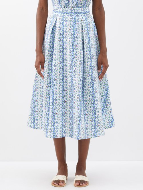 Thierry Colson Wynona Floral-print Cotton Midi Skirt In Green Blue