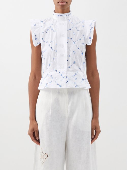 Thierry Colson Yael Flower-embroidered Cotton Blouse In White Blue