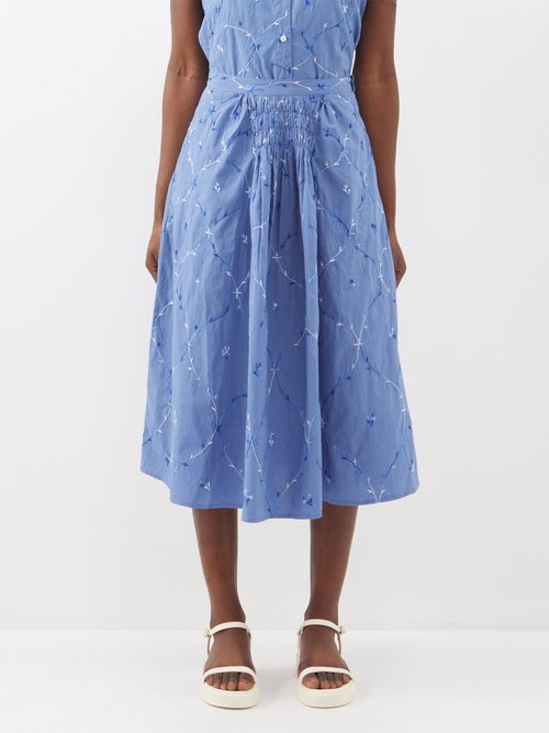 Thierry Colson Yulia Embroidered Cotton Midi Skirt In Blue
