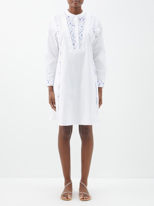 Thierry Colson Victoria Floral-embroidered Cotton Kaftan Dress In Whiteblue