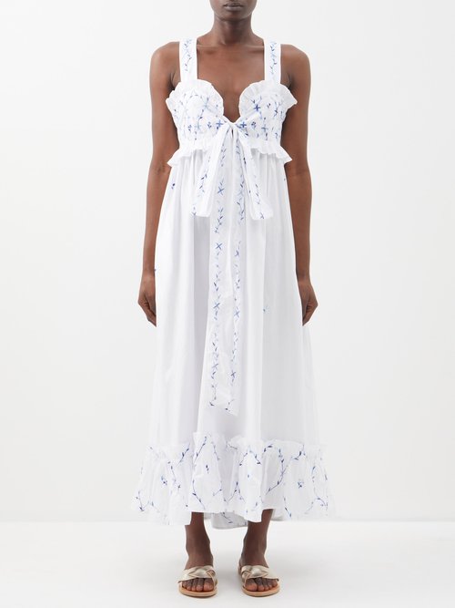 Thierry Colson Valentina Floral-embroidered Ruffled Cotton Dress In White Blue