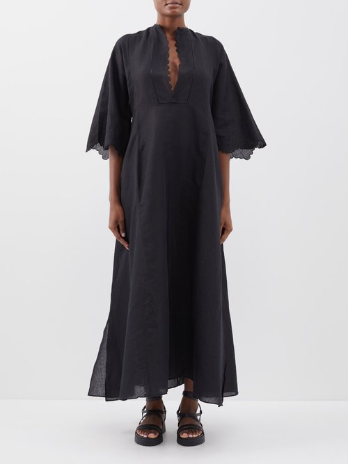 Thierry Colson Rachel Scalloped Cotton-blend Kaftan Dress In Black