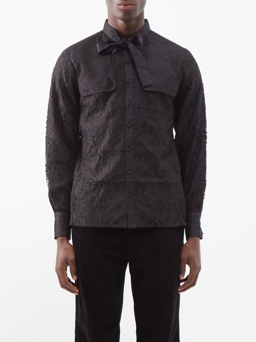 73 London - Bow-neck Lace Shirt - Mens - Black