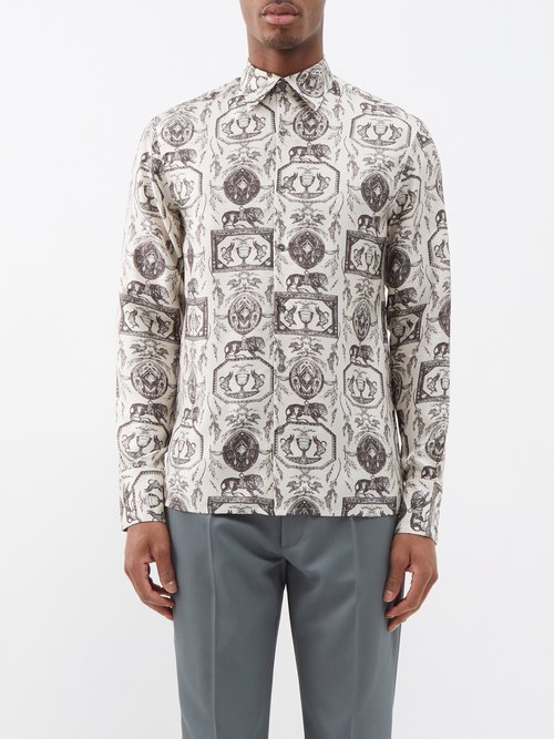 73 London - Lion-print Silk-twill Shirt - Mens - White Multi