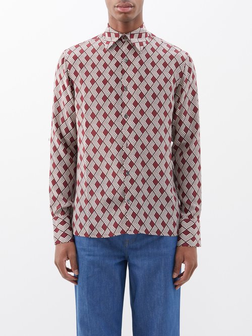 73 London - Geometric-print Silk Crepe De Chine Shirt - Mens - Red Multi